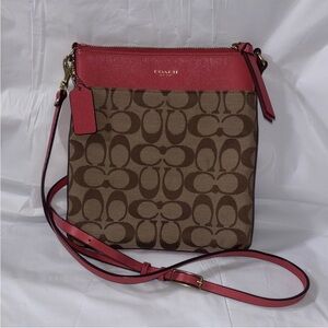 Coach Crossbody Bag in Brown Canvas with Pink Trim